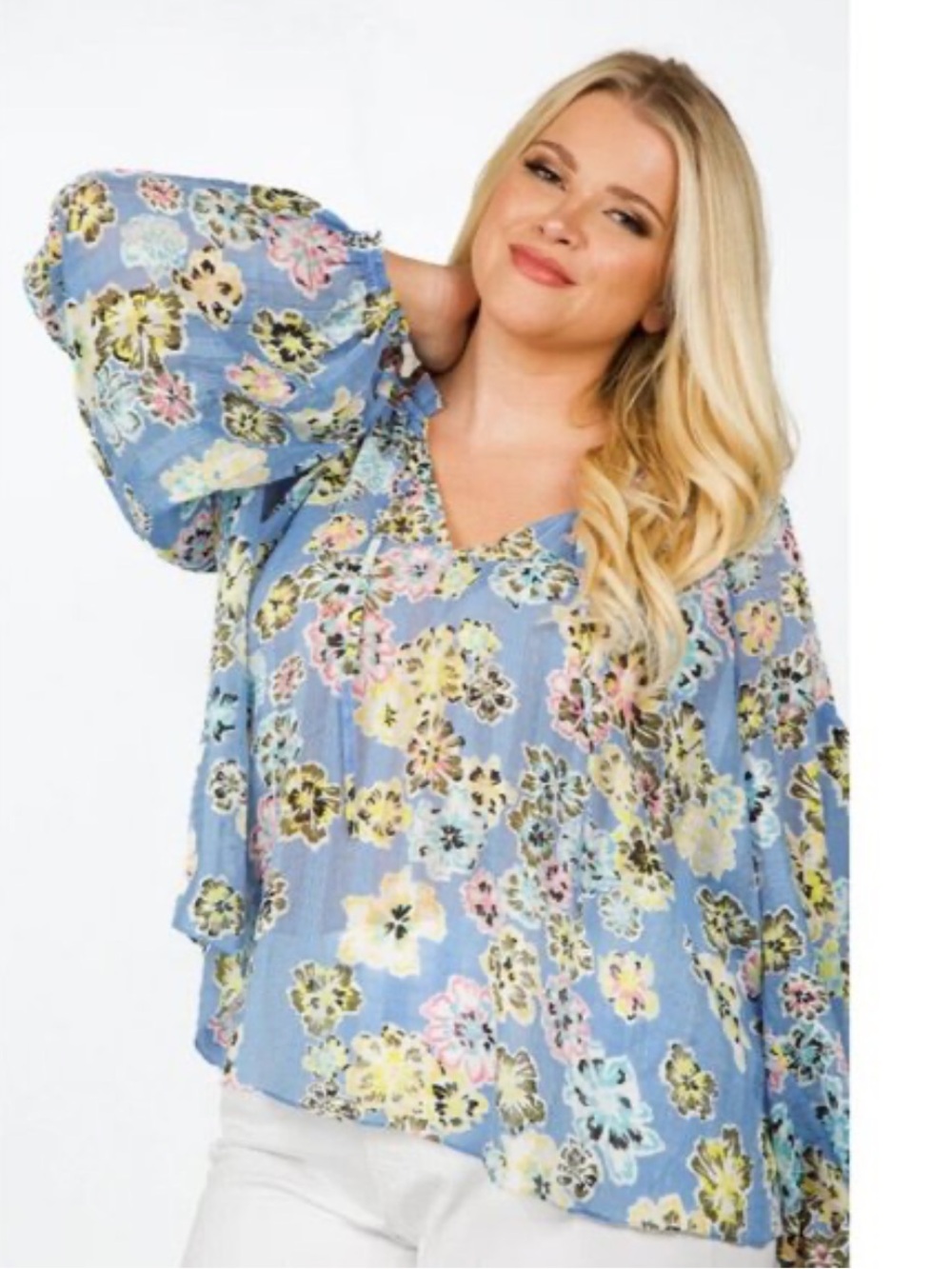 Tanya Taylor Priya Floral Blue Drop Shoulder V-Neck Blouse Size XL